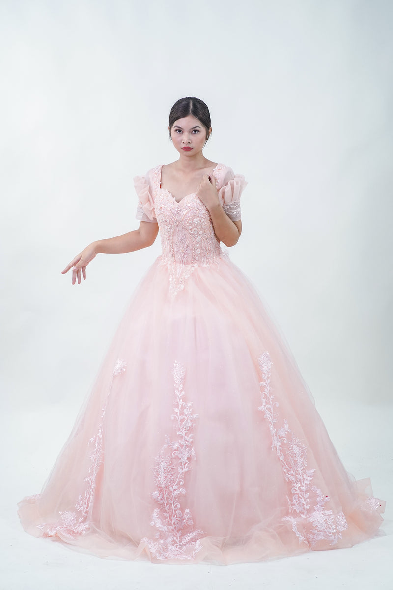 Short Sleeve Pink Bejeweled Ball Gown - Noelle West Bridals