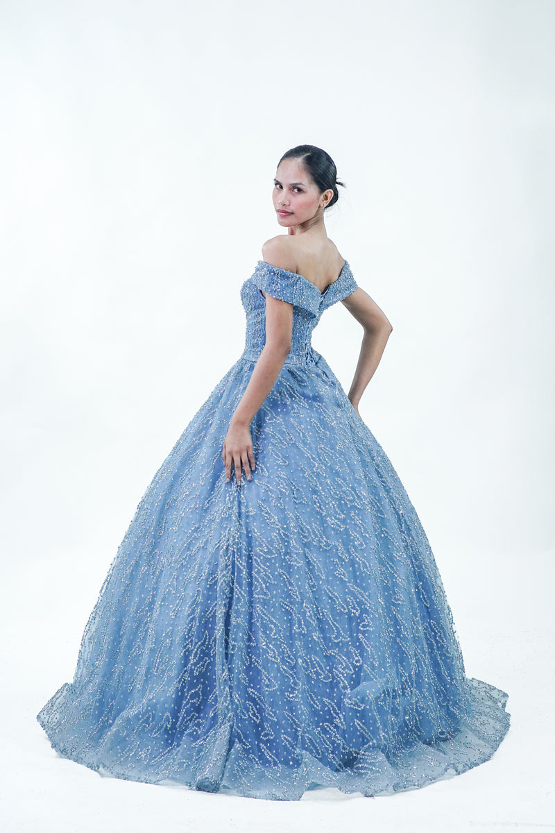 Dusty Blue Sparkly Off-Shoulder Ball Gown - Noelle West Bridals