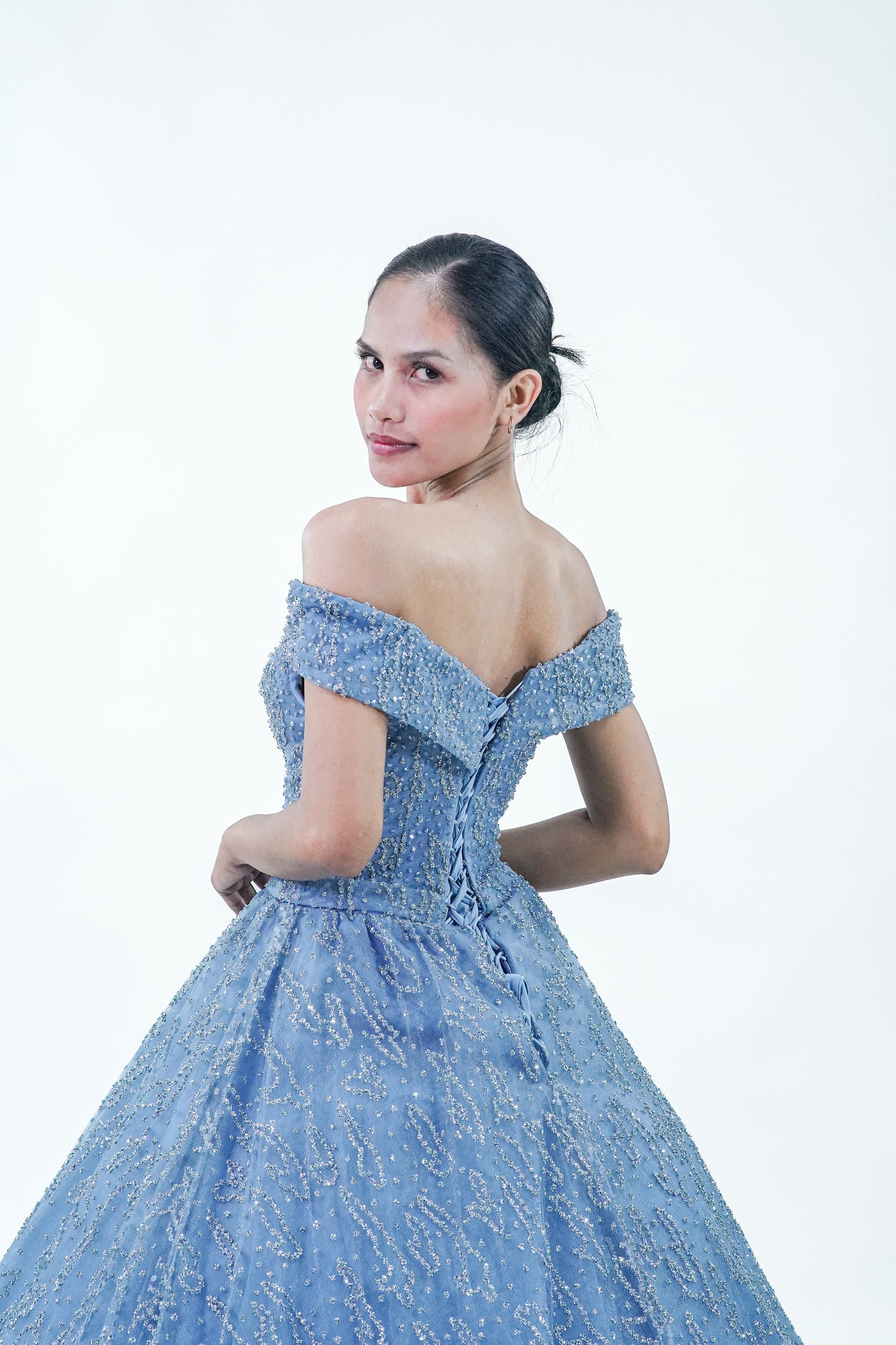 Dusty Blue Sparkly Off-Shoulder Ball Gown - Noelle West Bridals