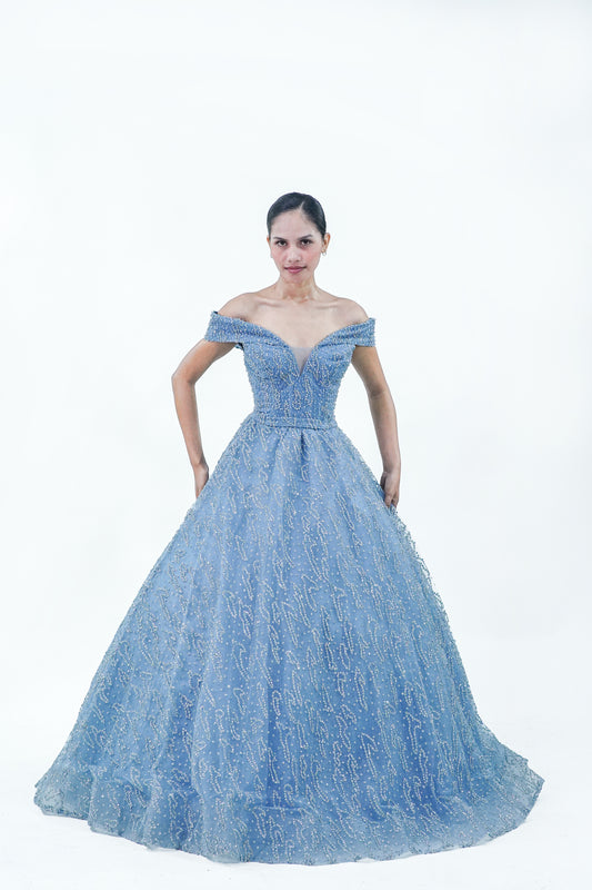 Dusty Blue Sparkly Off-Shoulder Ball Gown