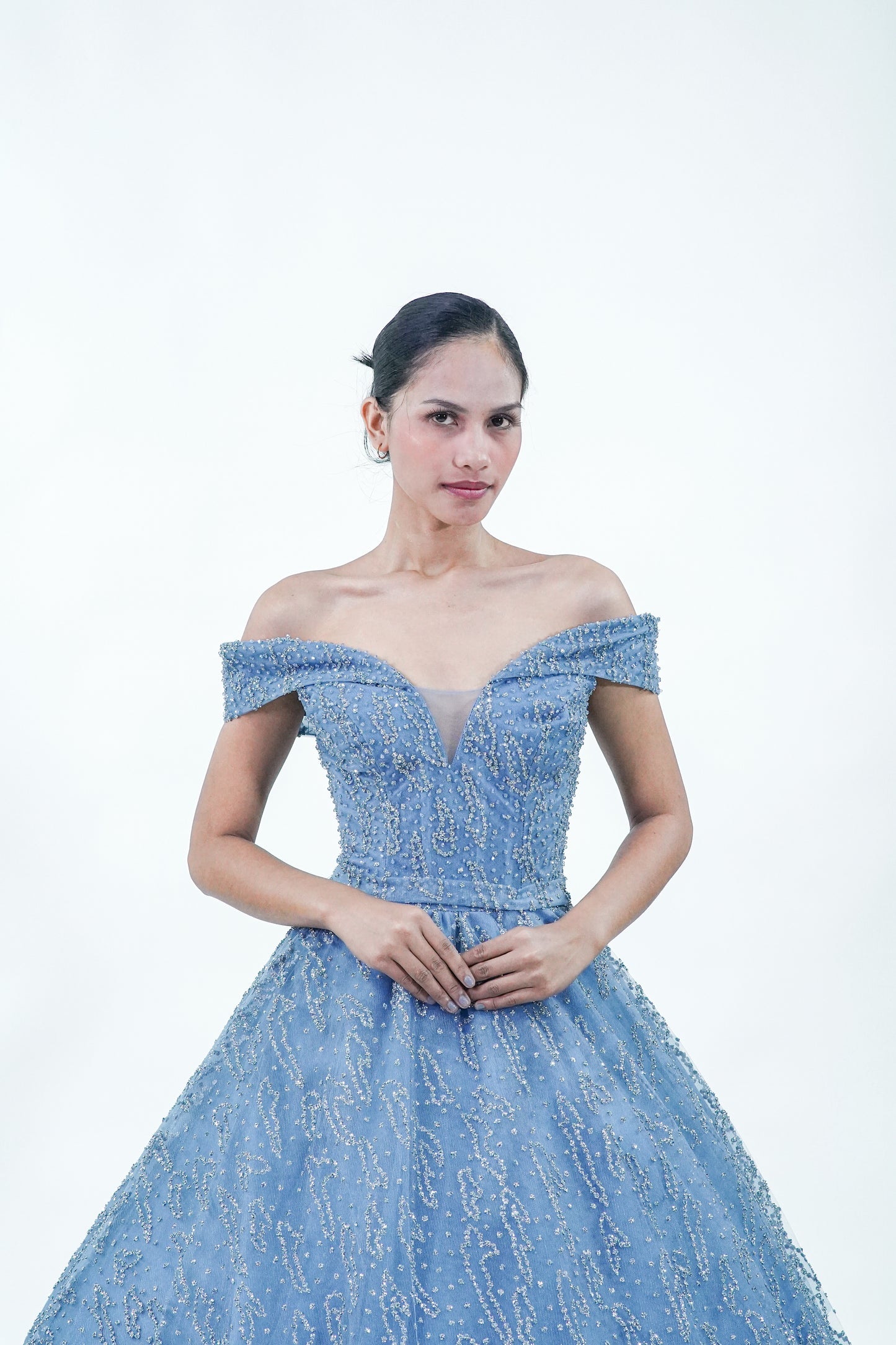 Dusty Blue Sparkly Off-Shoulder Ball Gown - Noelle West Bridals