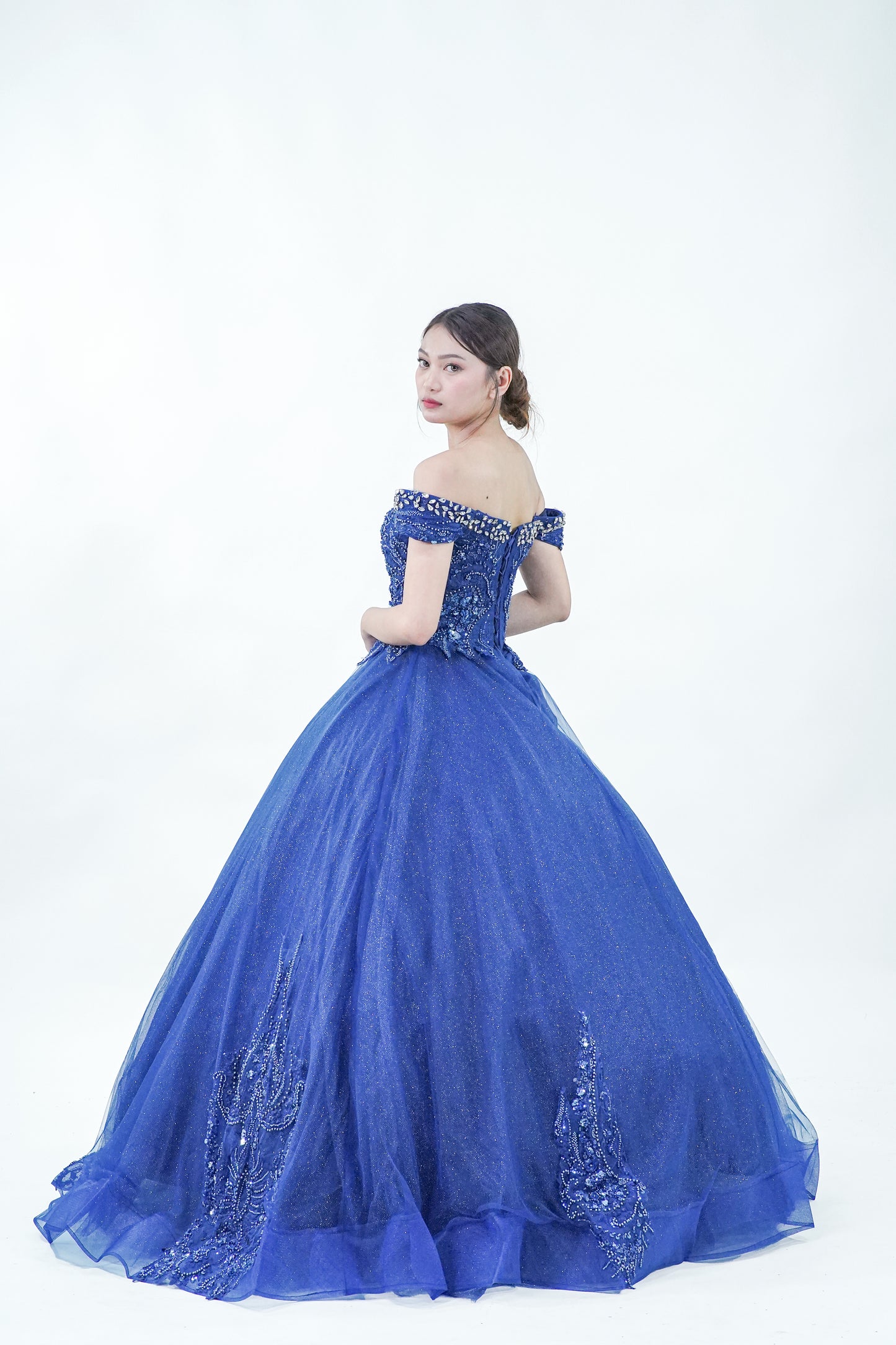 Royal Blue Sparkly Off-Shoulder Ball Gown - Noelle West Bridals