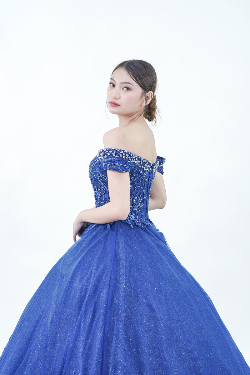 Royal Blue Sparkly Off-Shoulder Ball Gown - Noelle West Bridals
