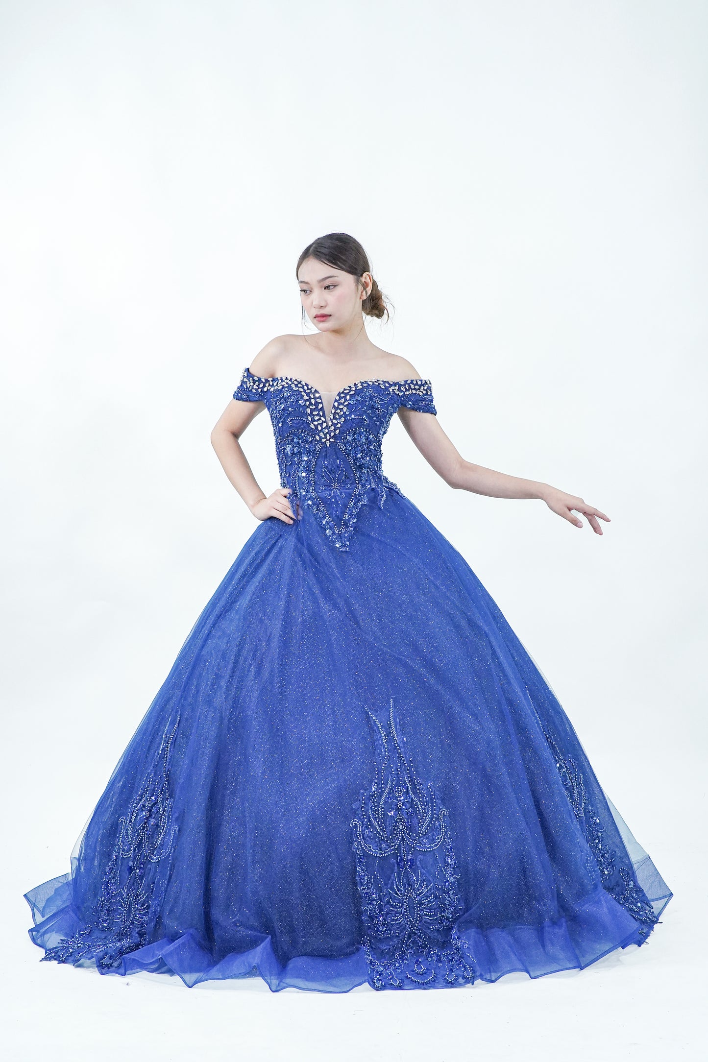 Royal Blue Sparkly Off-Shoulder Ball Gown - Noelle West Bridals