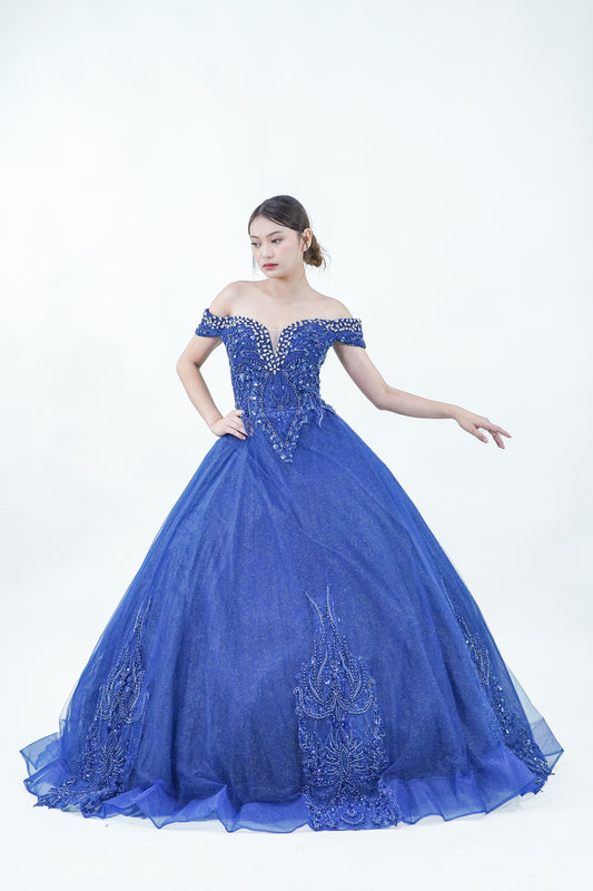 Royal Blue Sparkly Off-Shoulder Ball Gown - Noelle West Bridals