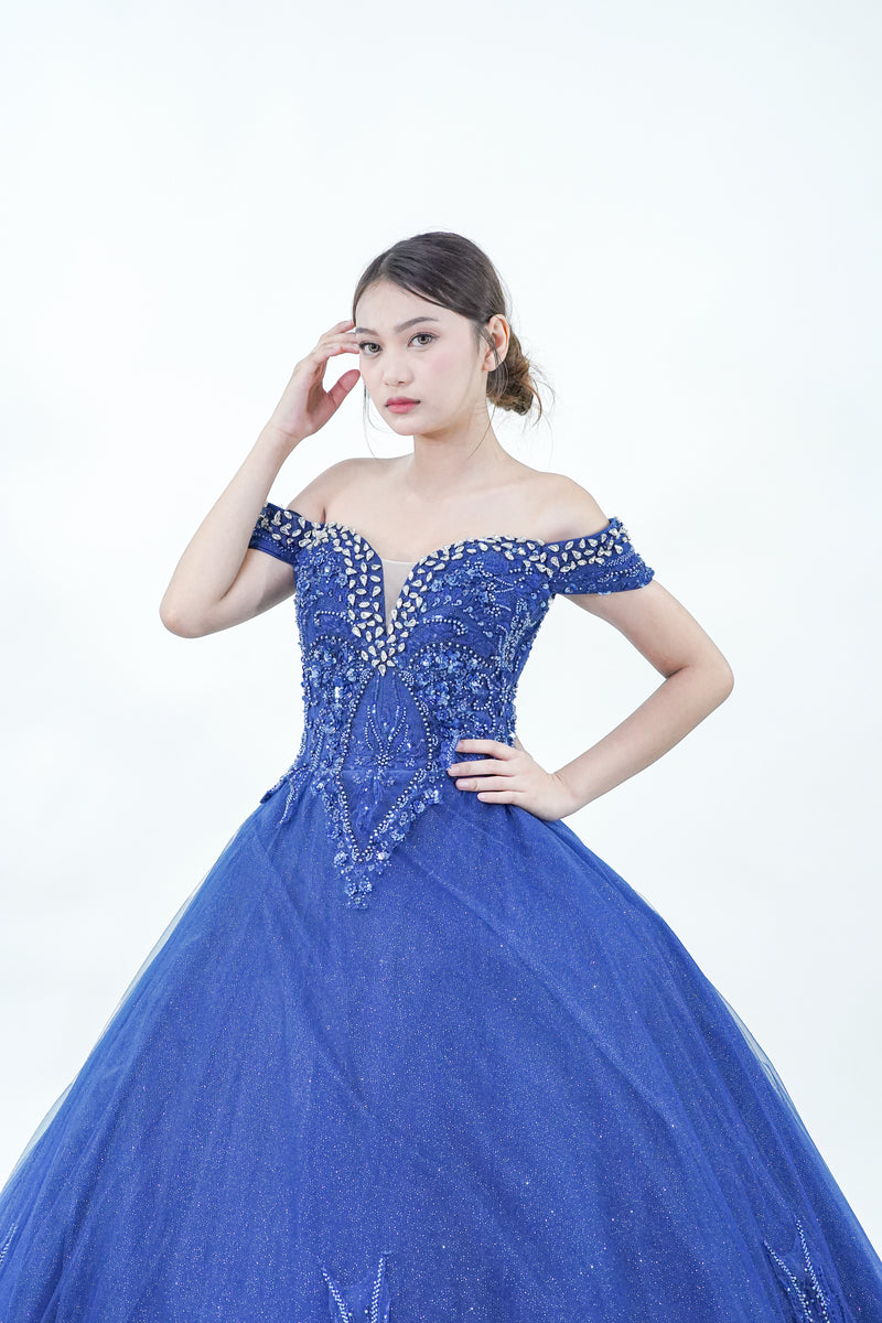 Royal Blue Sparkly Off-Shoulder Ball Gown - Noelle West Bridals