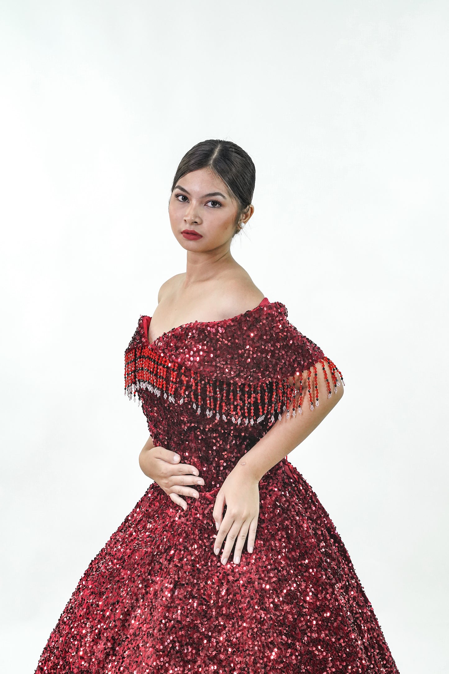 Dark Red Sparkly Off-Shoulder Sequined Ball Gown - Noelle West Bridals