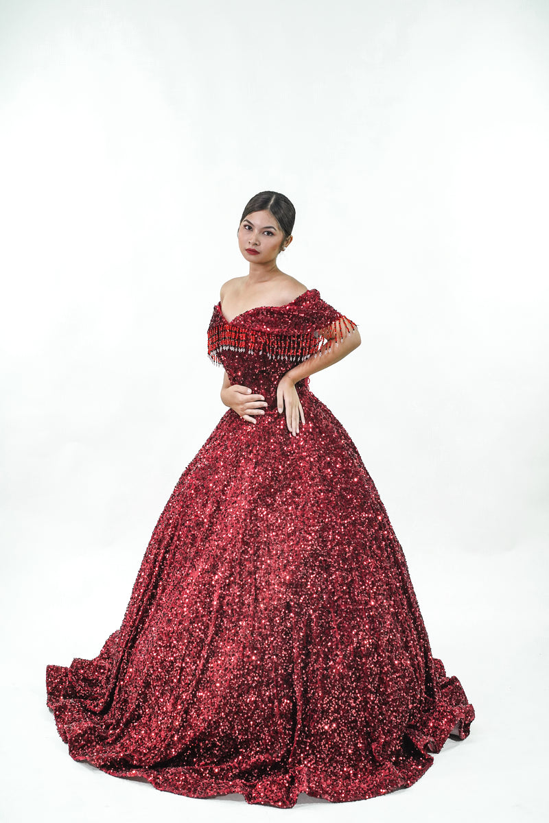 Dark Red Sparkly Off-Shoulder Sequined Ball Gown - Noelle West Bridals