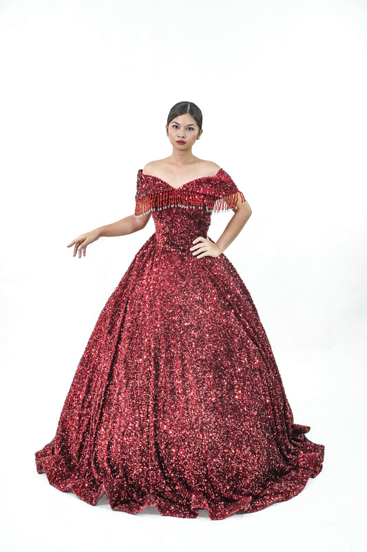 Dark Red Sparkly Off-Shoulder Sequined Ball Gown