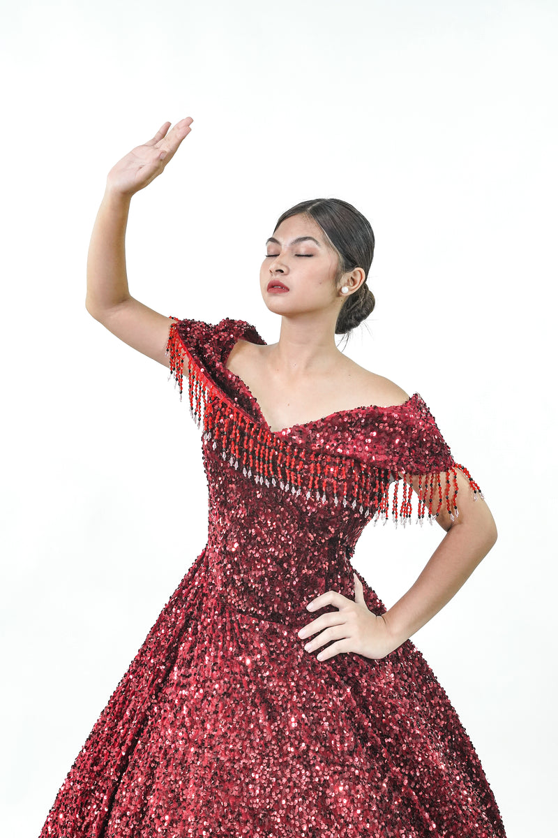 Dark Red Sparkly Off-Shoulder Sequined Ball Gown - Noelle West Bridals