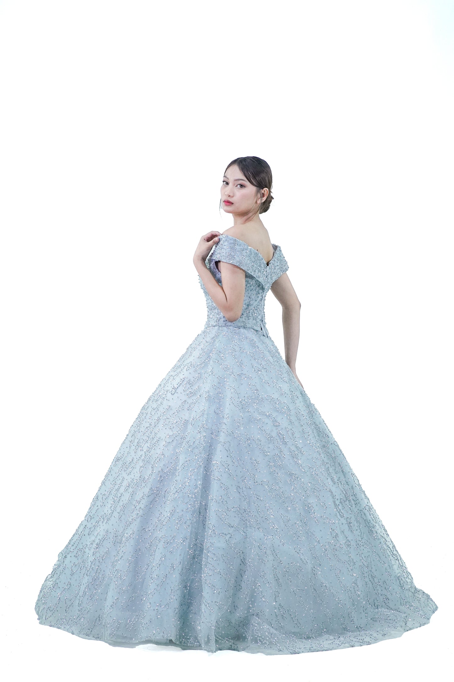Sky Blue Sequined Off-Shoulder Ball Gown - Noelle West Bridals