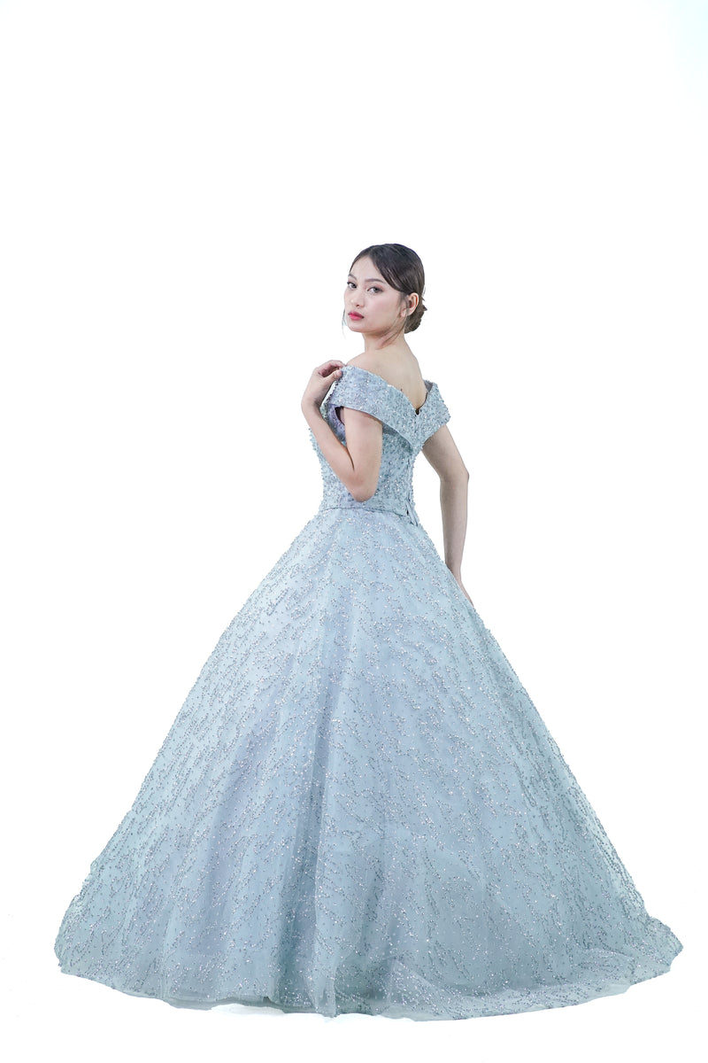 Sky Blue Sequined Off-Shoulder Ball Gown - Noelle West Bridals