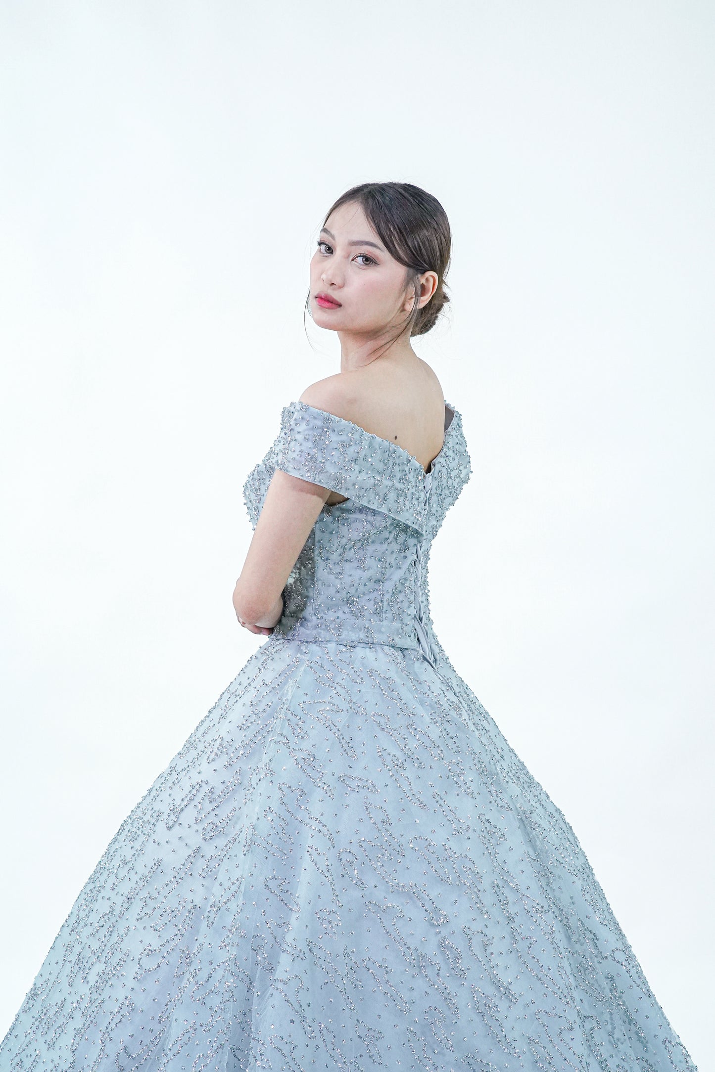 Sky Blue Sequined Off-Shoulder Ball Gown - Noelle West Bridals