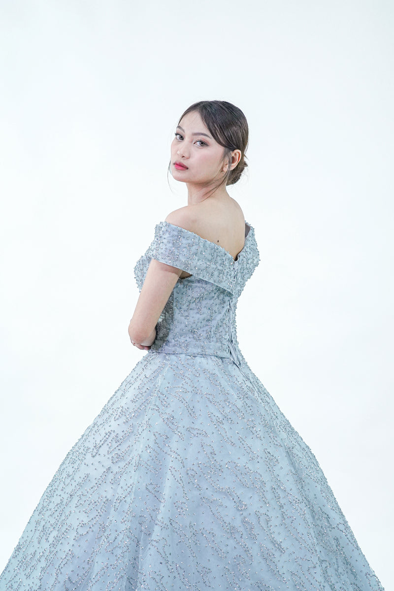 Sky Blue Sequined Off-Shoulder Ball Gown - Noelle West Bridals