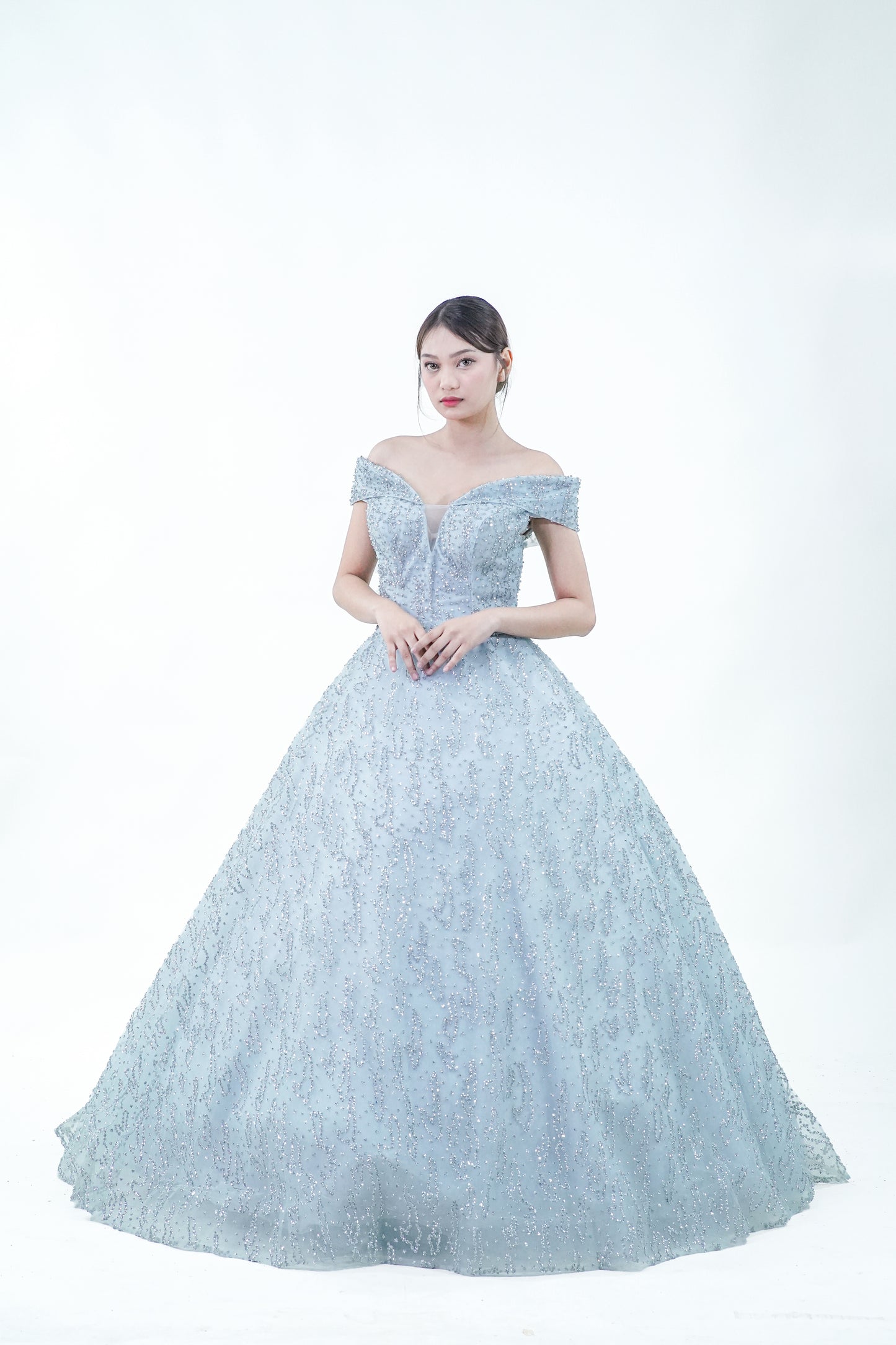 Sky Blue Sequined Off-Shoulder Ball Gown - Noelle West Bridals