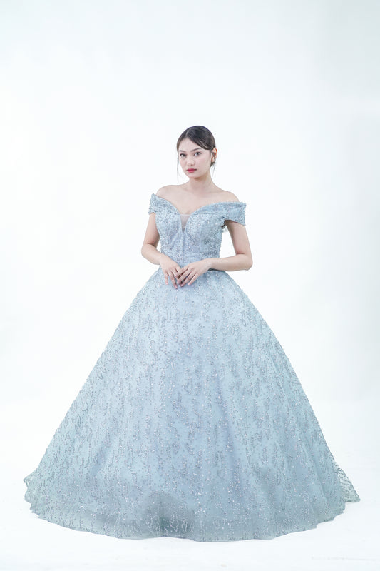 Sky Blue Sequined Off-Shoulder Ball Gown - Noelle West Bridals