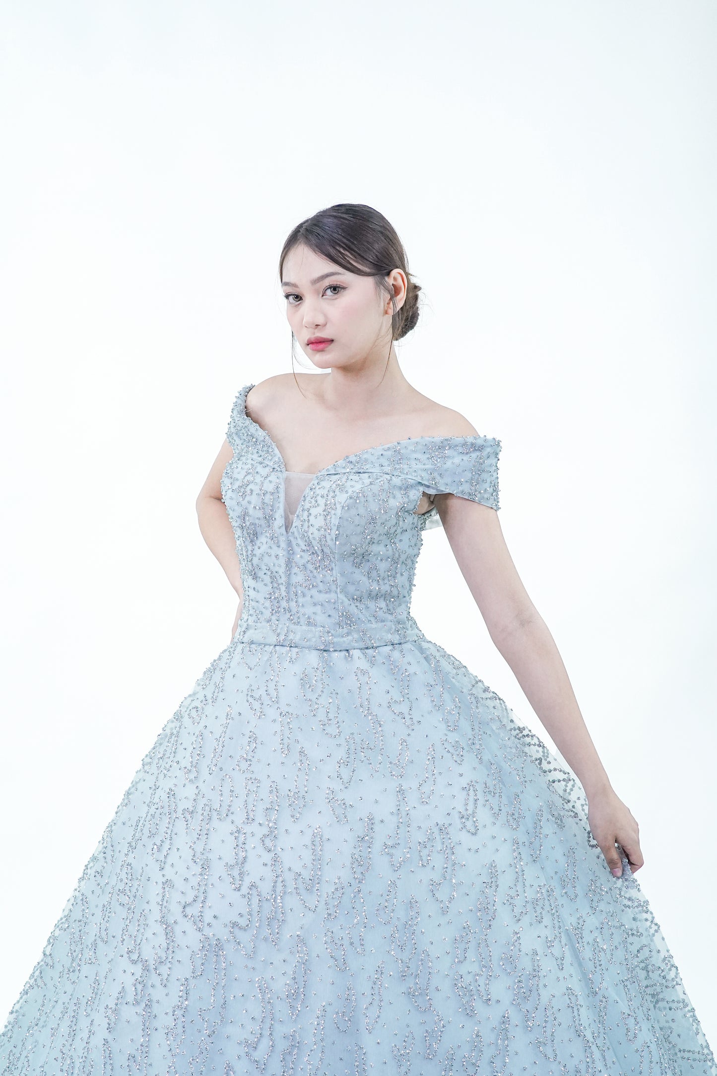 Sky Blue Sequined Off-Shoulder Ball Gown - Noelle West Bridals