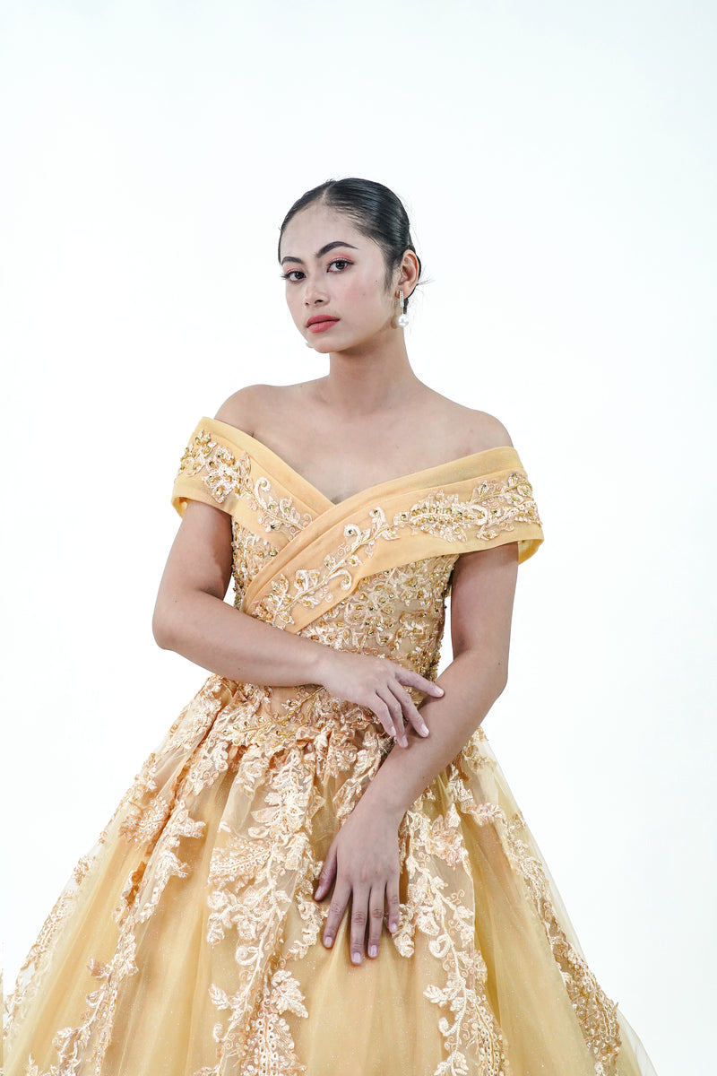 Royal Yellow Off-Shoulder Ball Gown - Noelle West Bridals