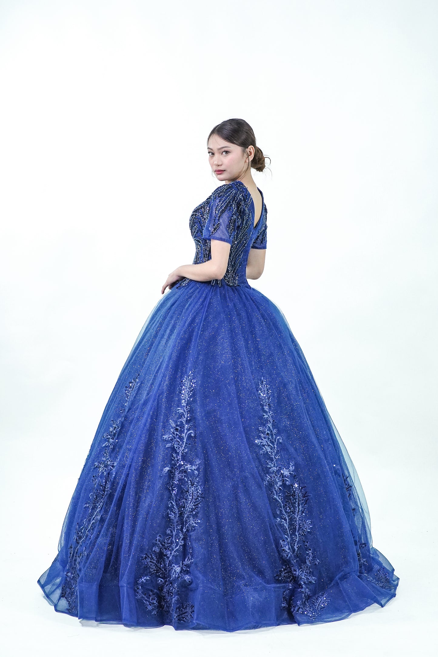 Short Sleeved Royal Blue Sparkly Ball Gown - Noelle West Bridals