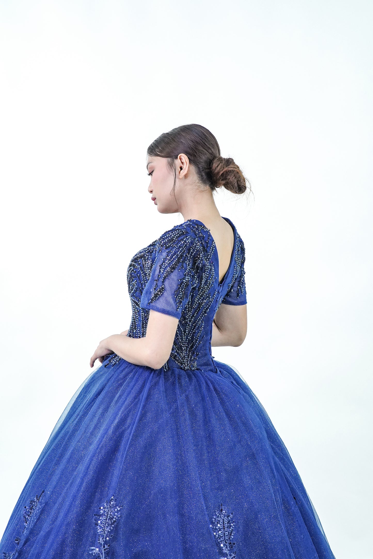 Short Sleeved Royal Blue Sparkly Ball Gown - Noelle West Bridals
