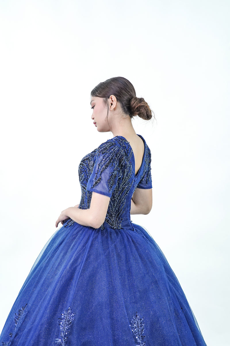 Short Sleeved Royal Blue Sparkly Ball Gown - Noelle West Bridals