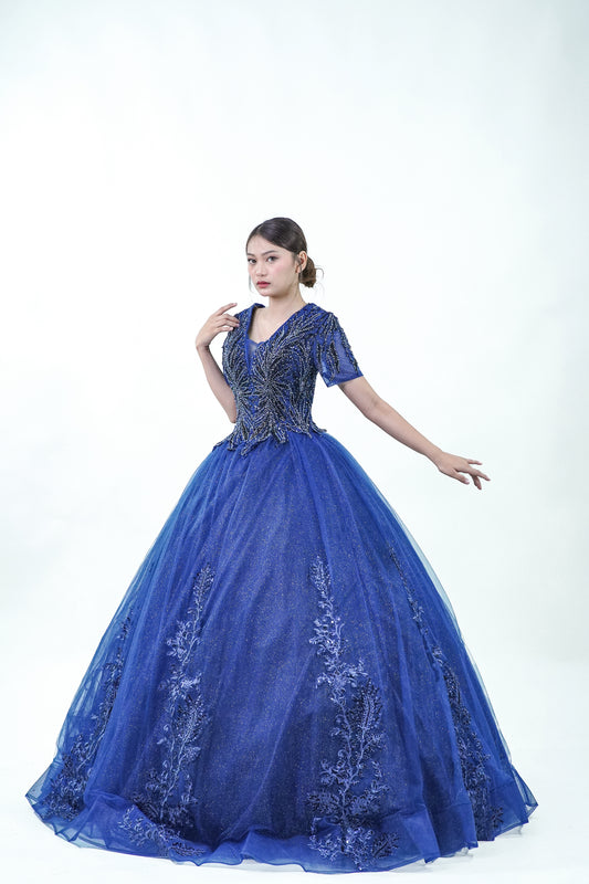Short Sleeved Royal Blue Sparkly Ball Gown