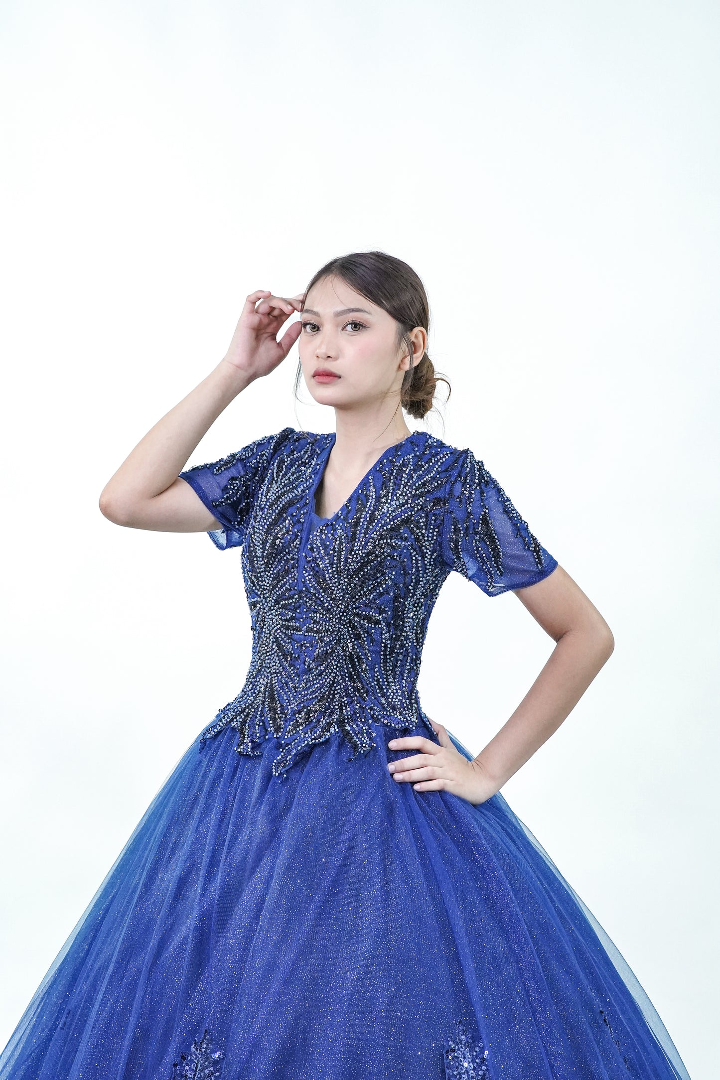 Short Sleeved Royal Blue Sparkly Ball Gown - Noelle West Bridals