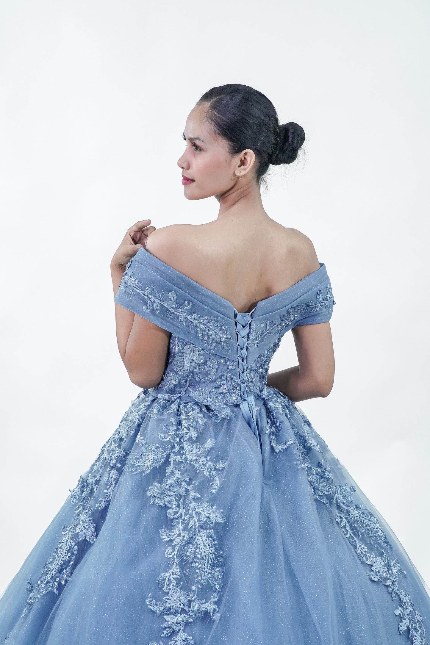 Dusty Blue Sparkly Royal Off-Shoulder Gown - Noelle West Bridals