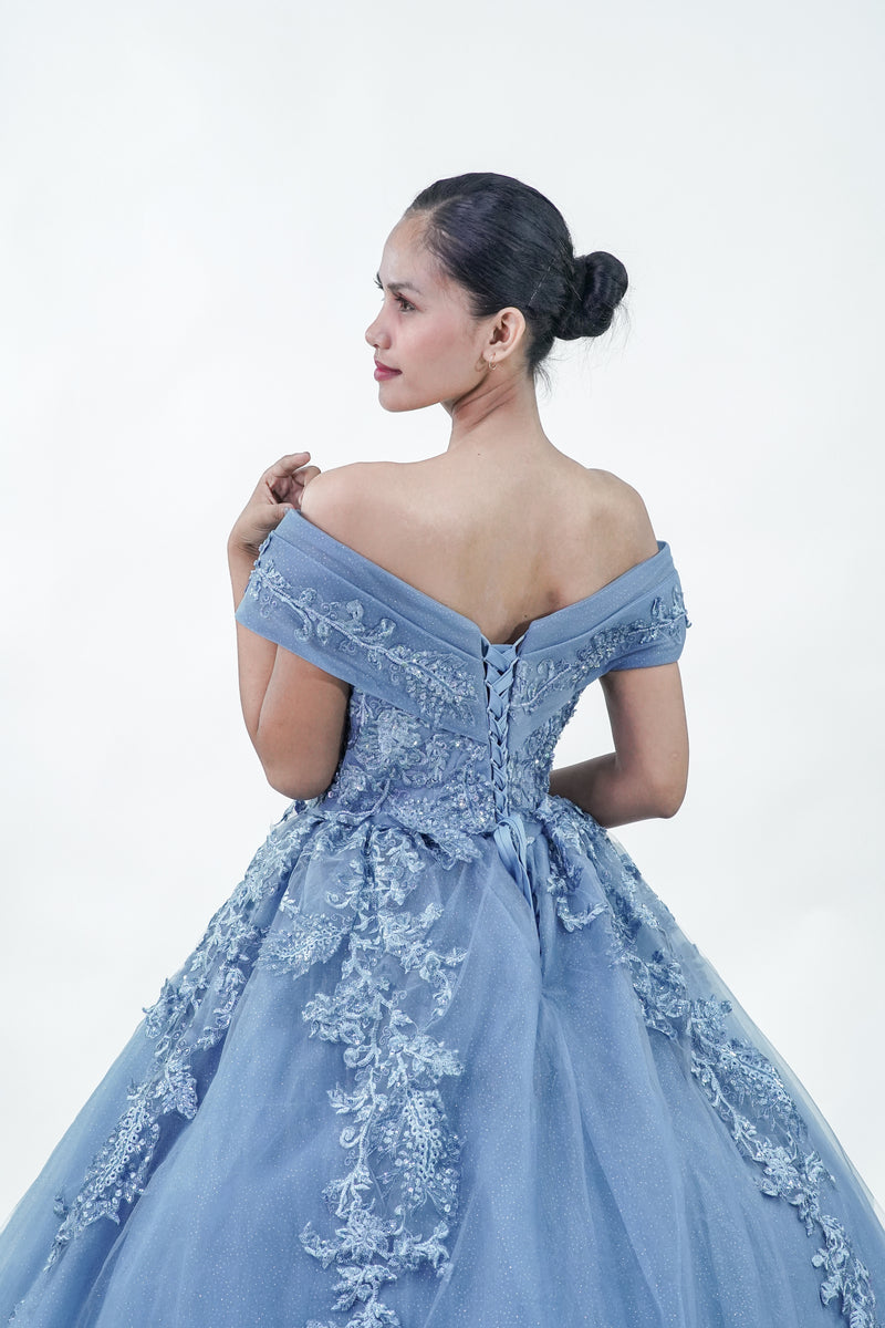 Dusty Blue Sparkly Royal Off-Shoulder Gown - Noelle West Bridals