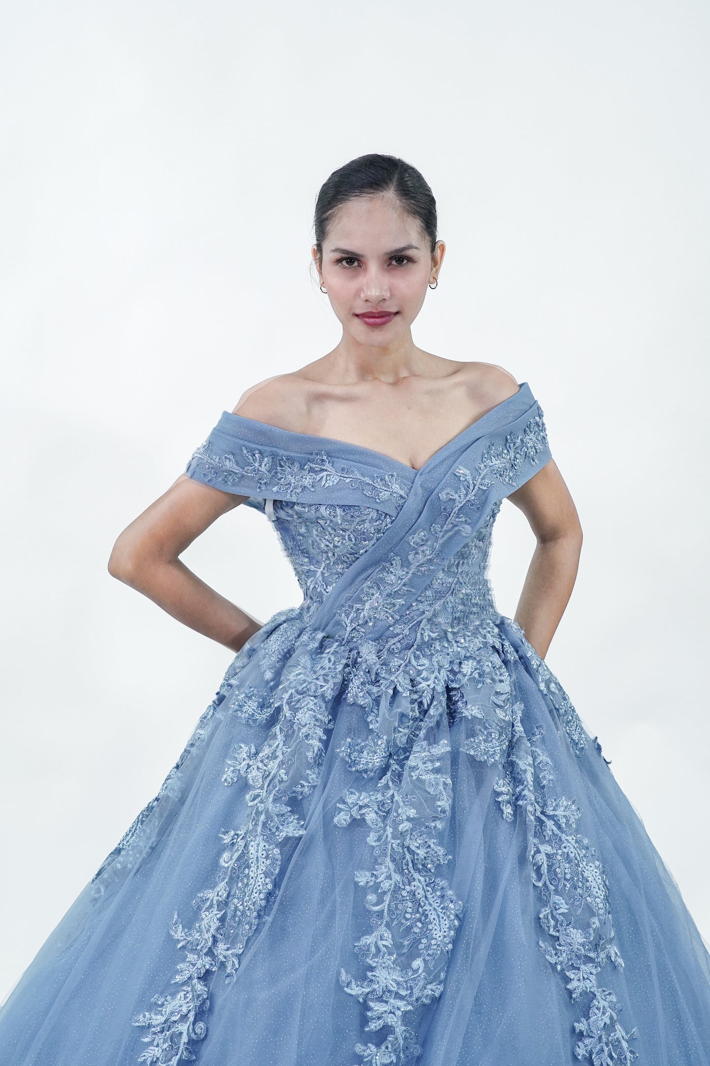 Dusty Blue Sparkly Royal Off-Shoulder Gown - Noelle West Bridals