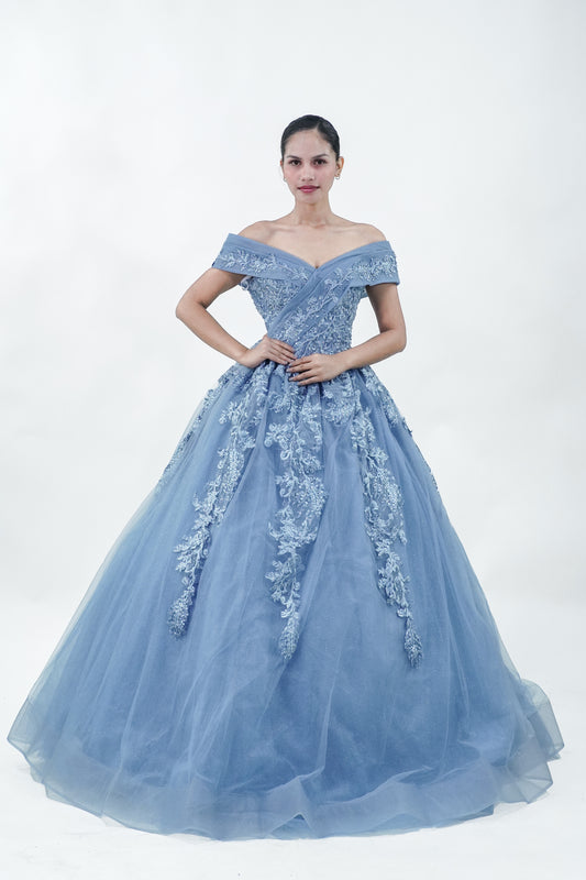 Dusty Blue Sparkly Royal Off-Shoulder Gown - Noelle West Bridals
