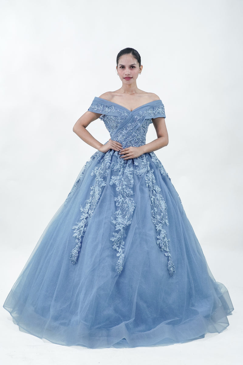 Dusty Blue Sparkly Royal Off-Shoulder Gown - Noelle West Bridals