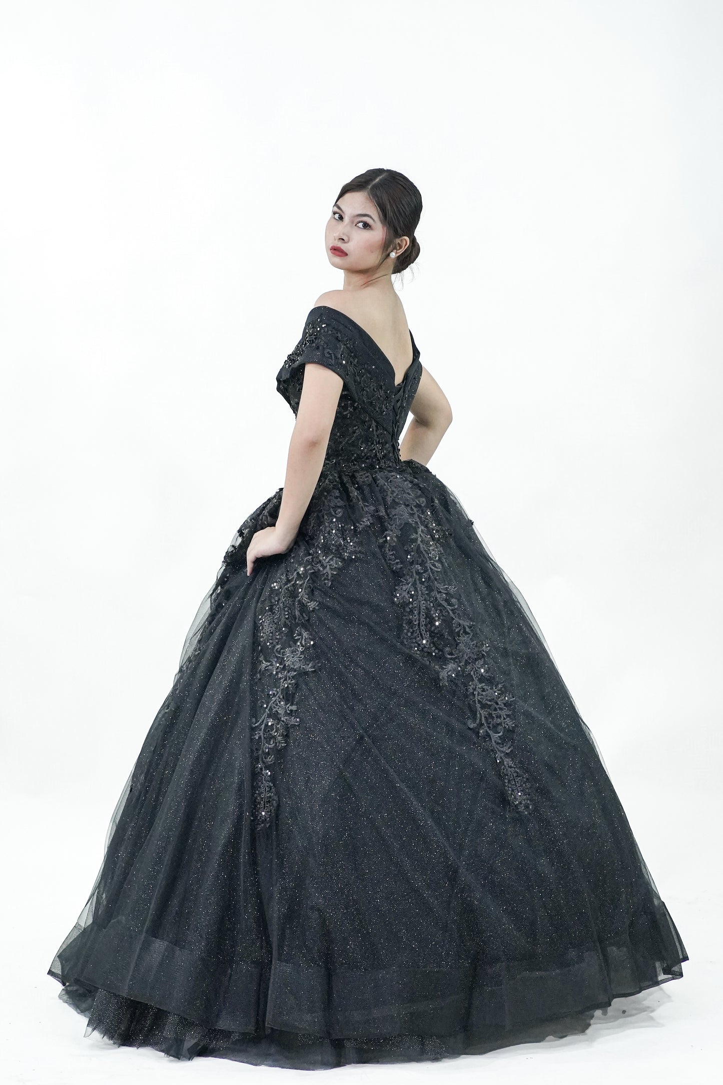 Black Sequined Off-Shoulder Gown - Noelle West Bridals