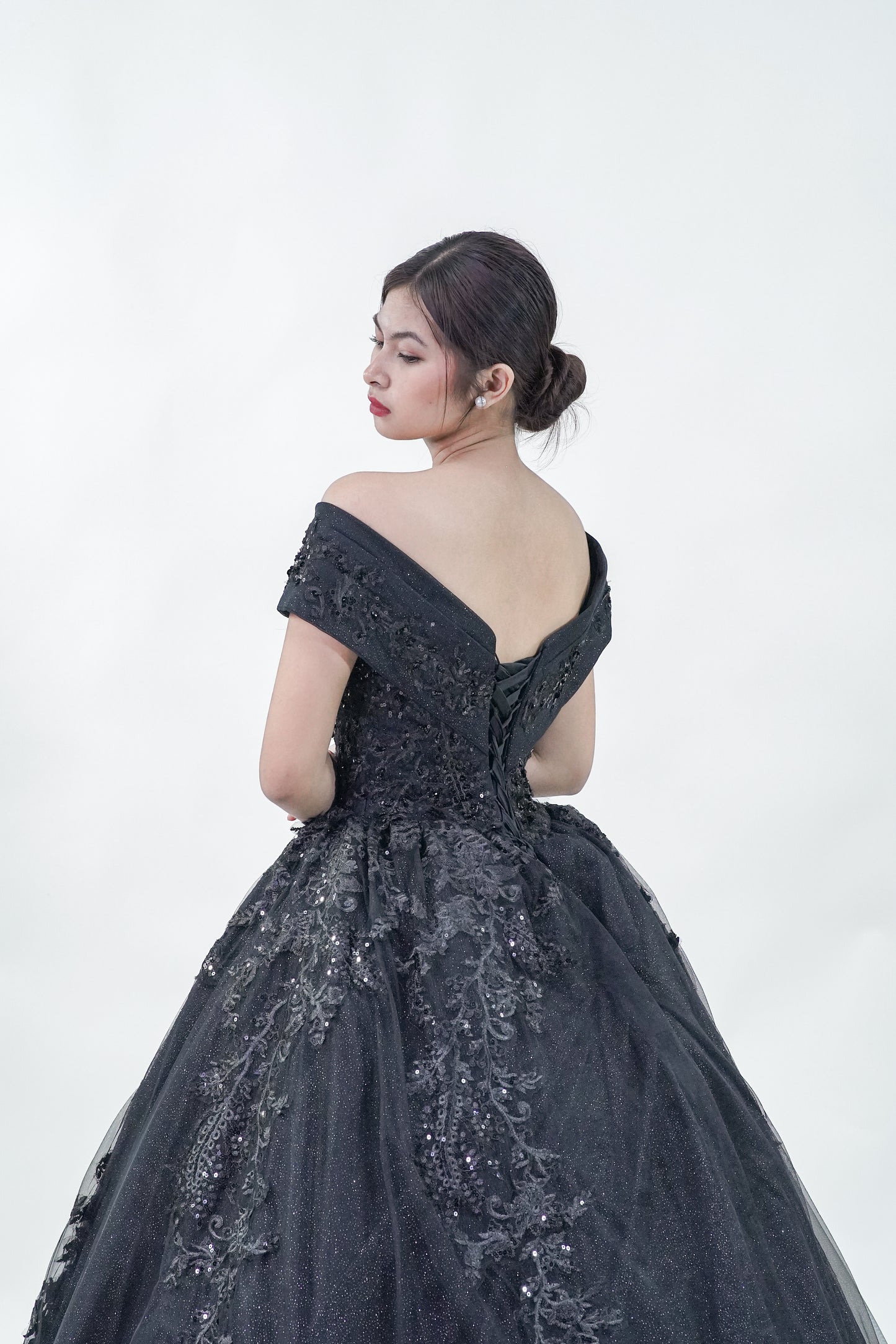 Black Sequined Off-Shoulder Gown - Noelle West Bridals