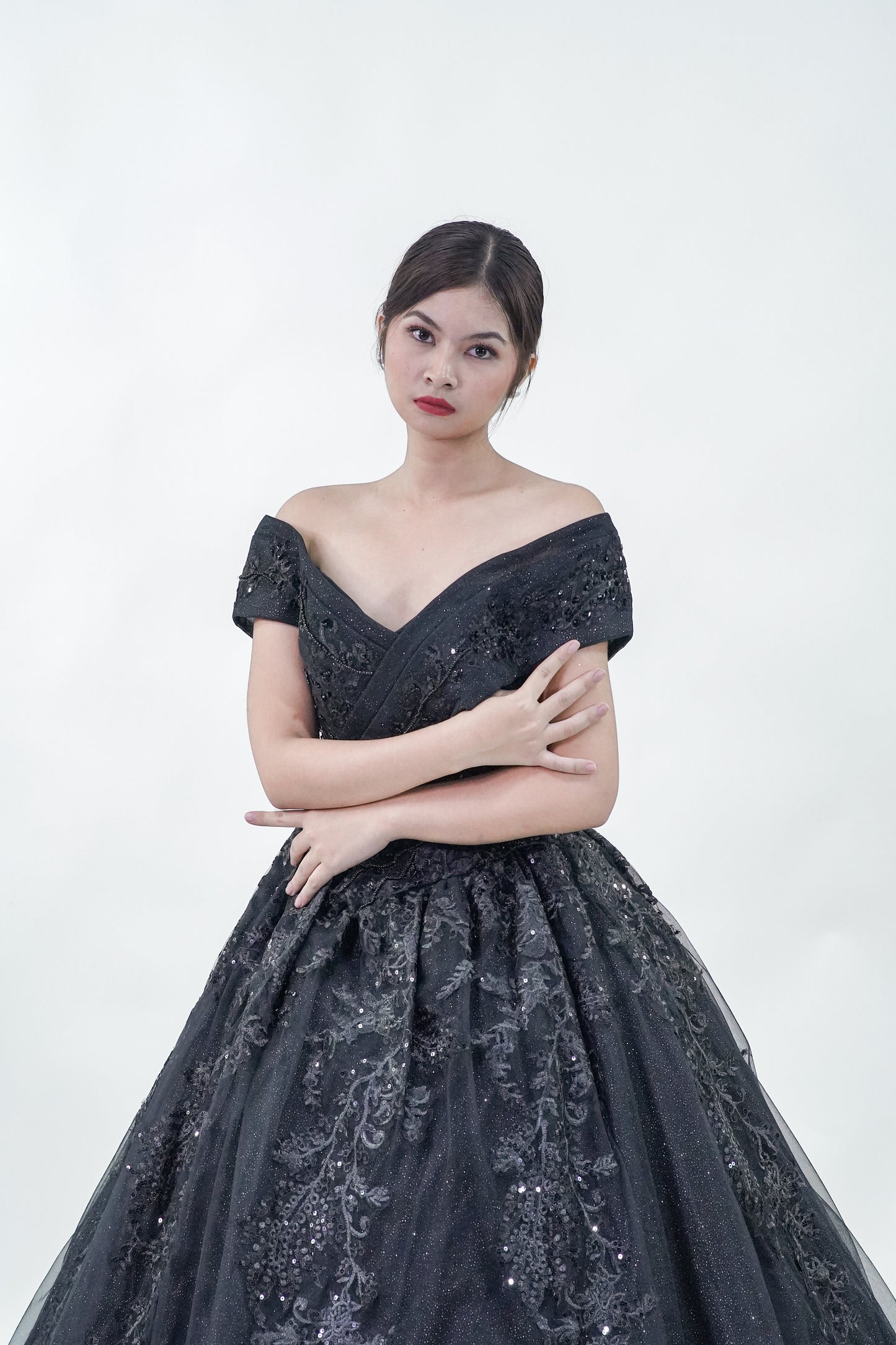 Black Sequined Off-Shoulder Gown - Noelle West Bridals