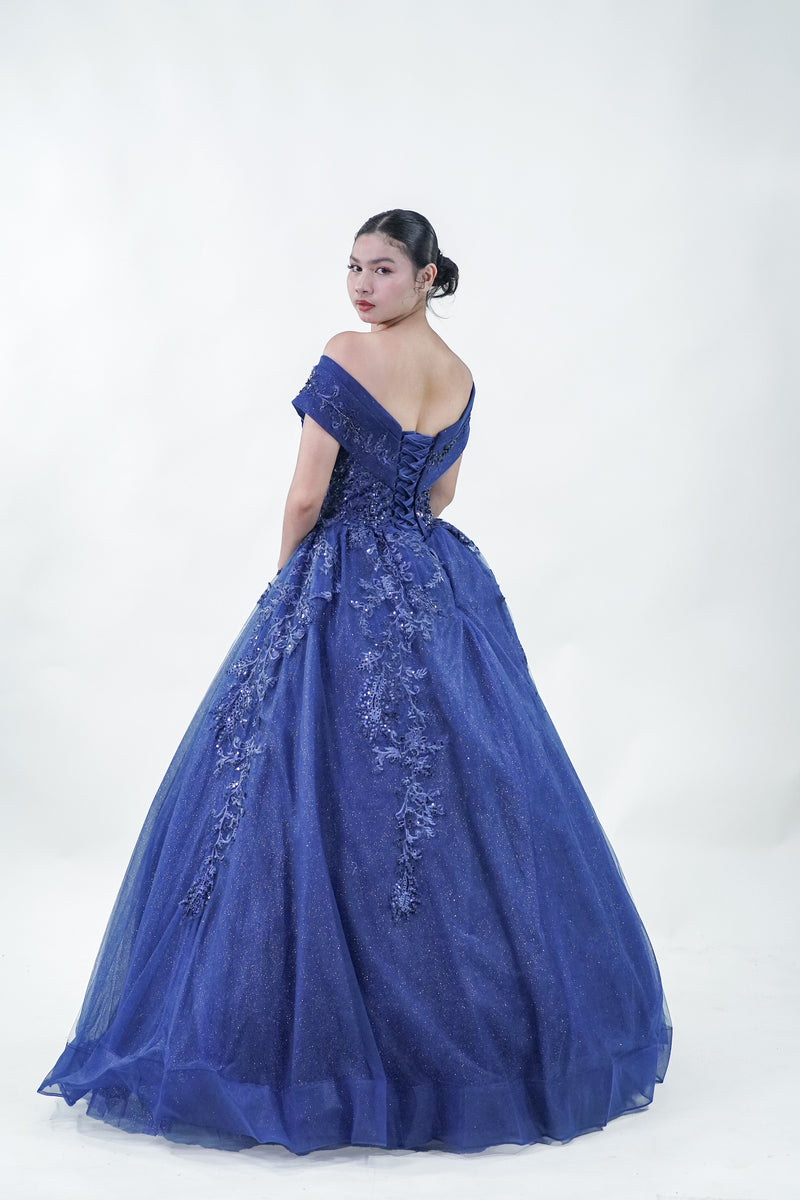 Off-Shoulder Midnight Blue Ball Gown - Noelle West Bridals
