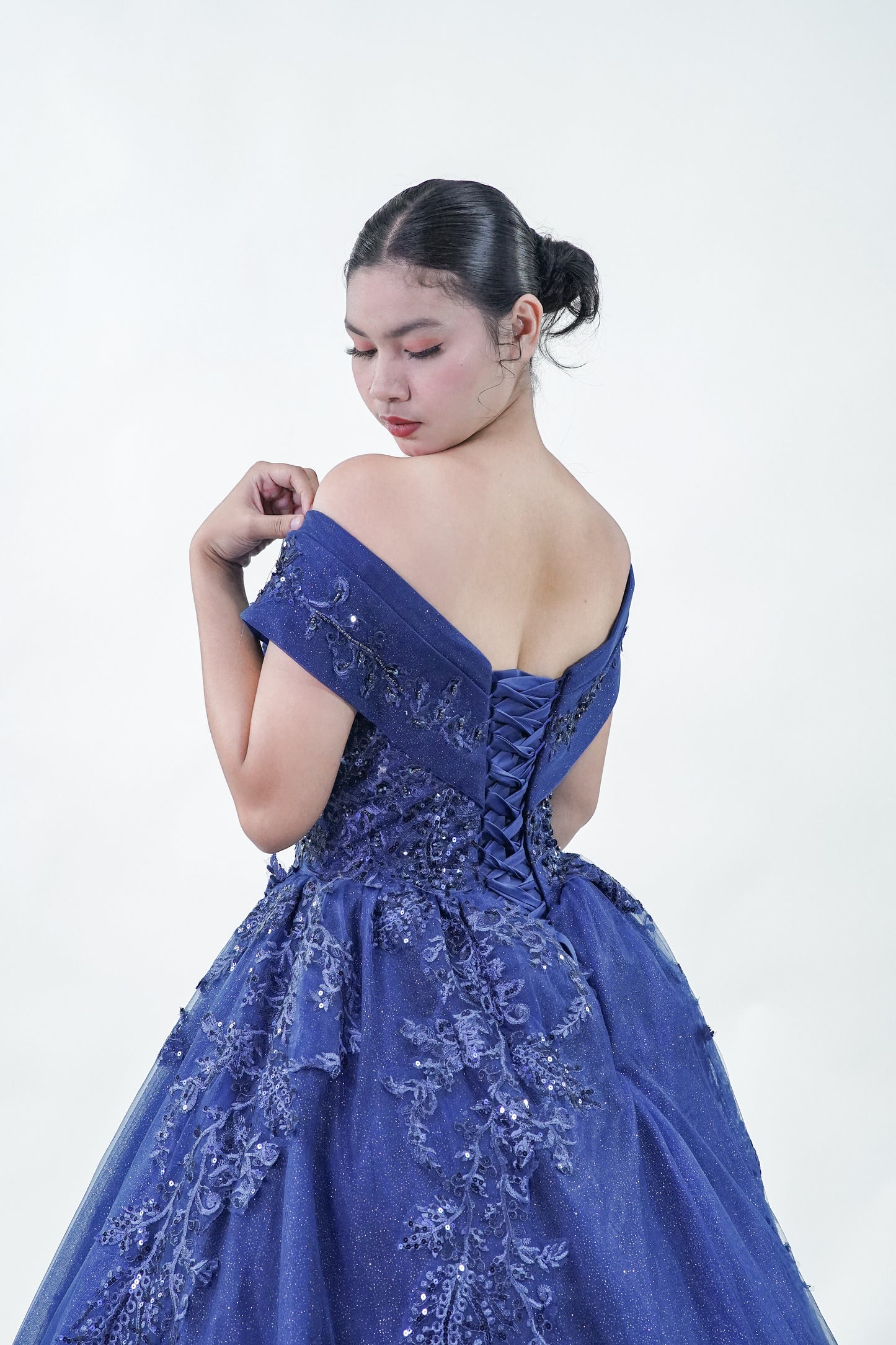 Off-Shoulder Midnight Blue Ball Gown - Noelle West Bridals