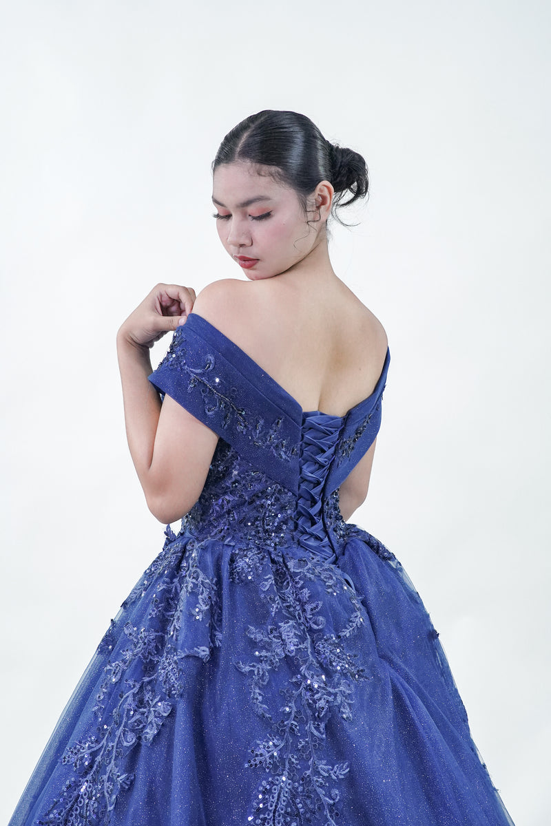 Off-Shoulder Midnight Blue Ball Gown - Noelle West Bridals