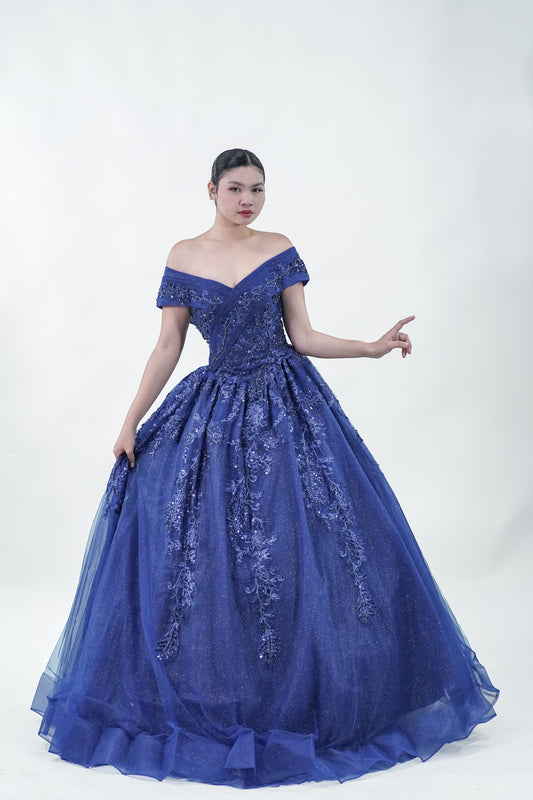 Off-Shoulder Midnight Blue Ball Gown - Noelle West Bridals