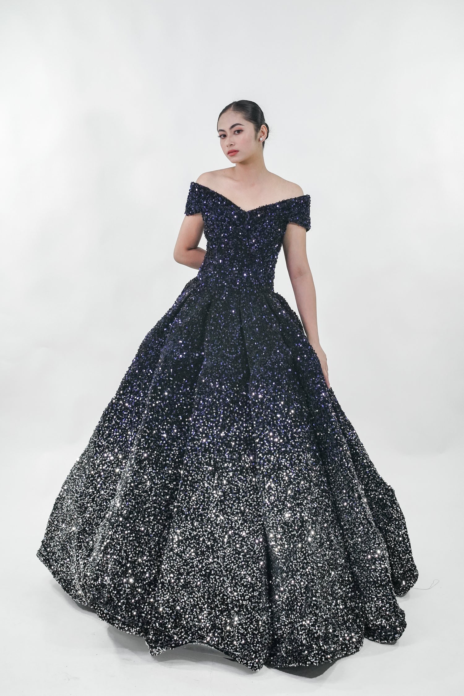 Black Sparkly Midnight Off-Shoulder Ball Gown - Noelle West Bridals