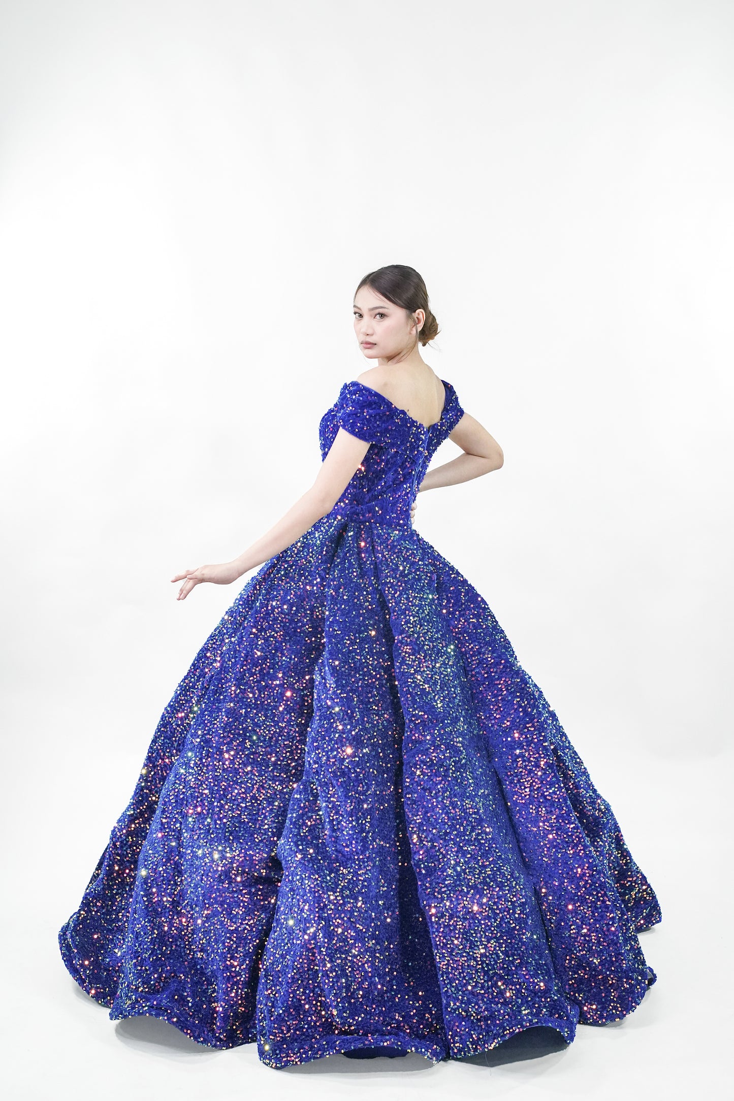 Midnight Blue Sequined Off-Shoulder Ball Gown - Noelle West Bridals
