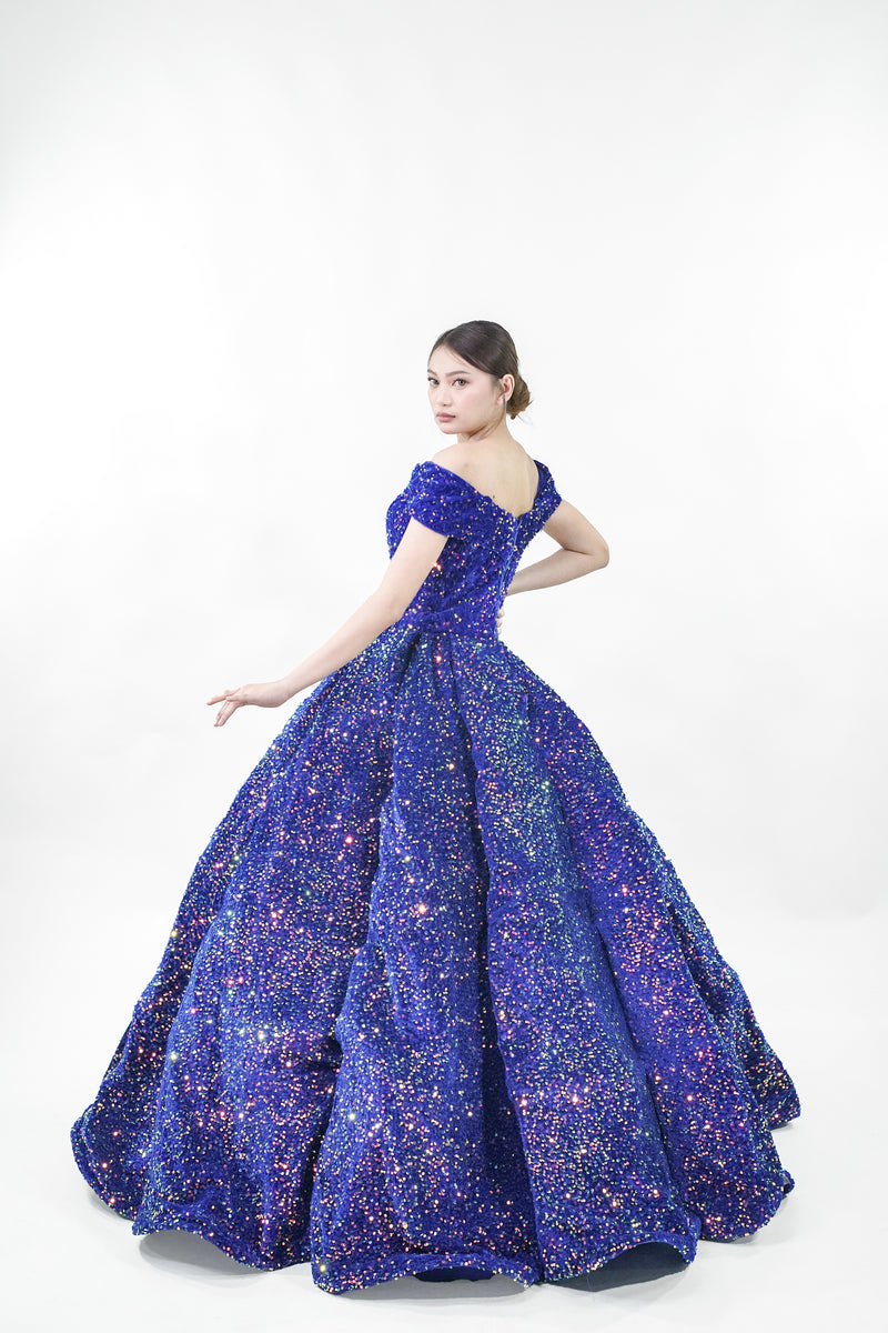 Midnight Blue Sequined Off-Shoulder Ball Gown - Noelle West Bridals