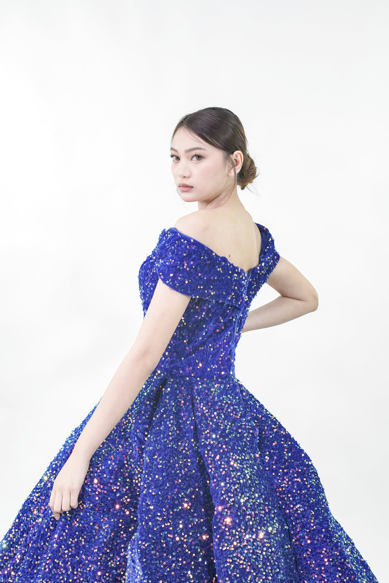 Midnight Blue Sequined Off-Shoulder Ball Gown - Noelle West Bridals