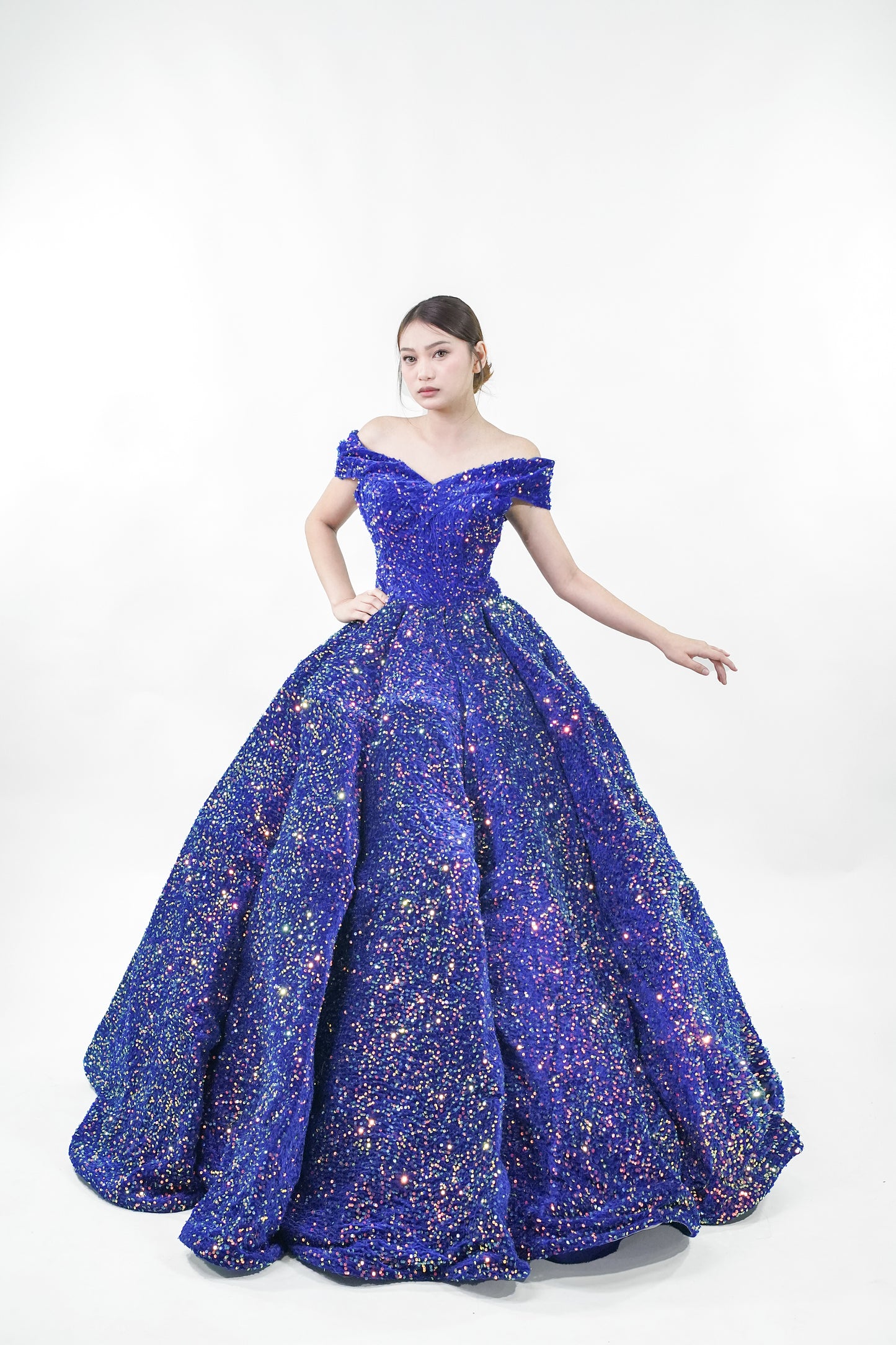 Midnight Blue Sequined Off-Shoulder Ball Gown - Noelle West Bridals