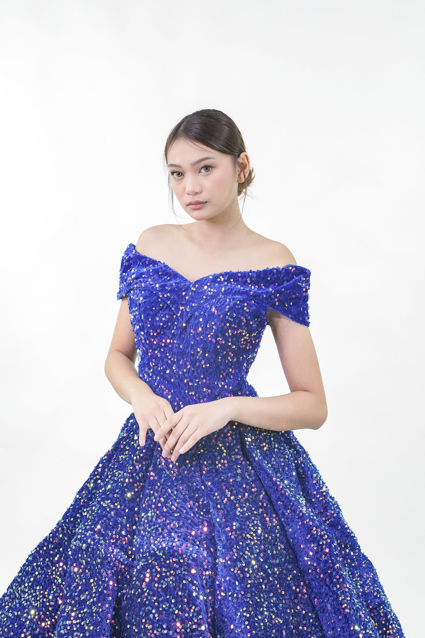 Midnight Blue Sequined Off-Shoulder Ball Gown - Noelle West Bridals
