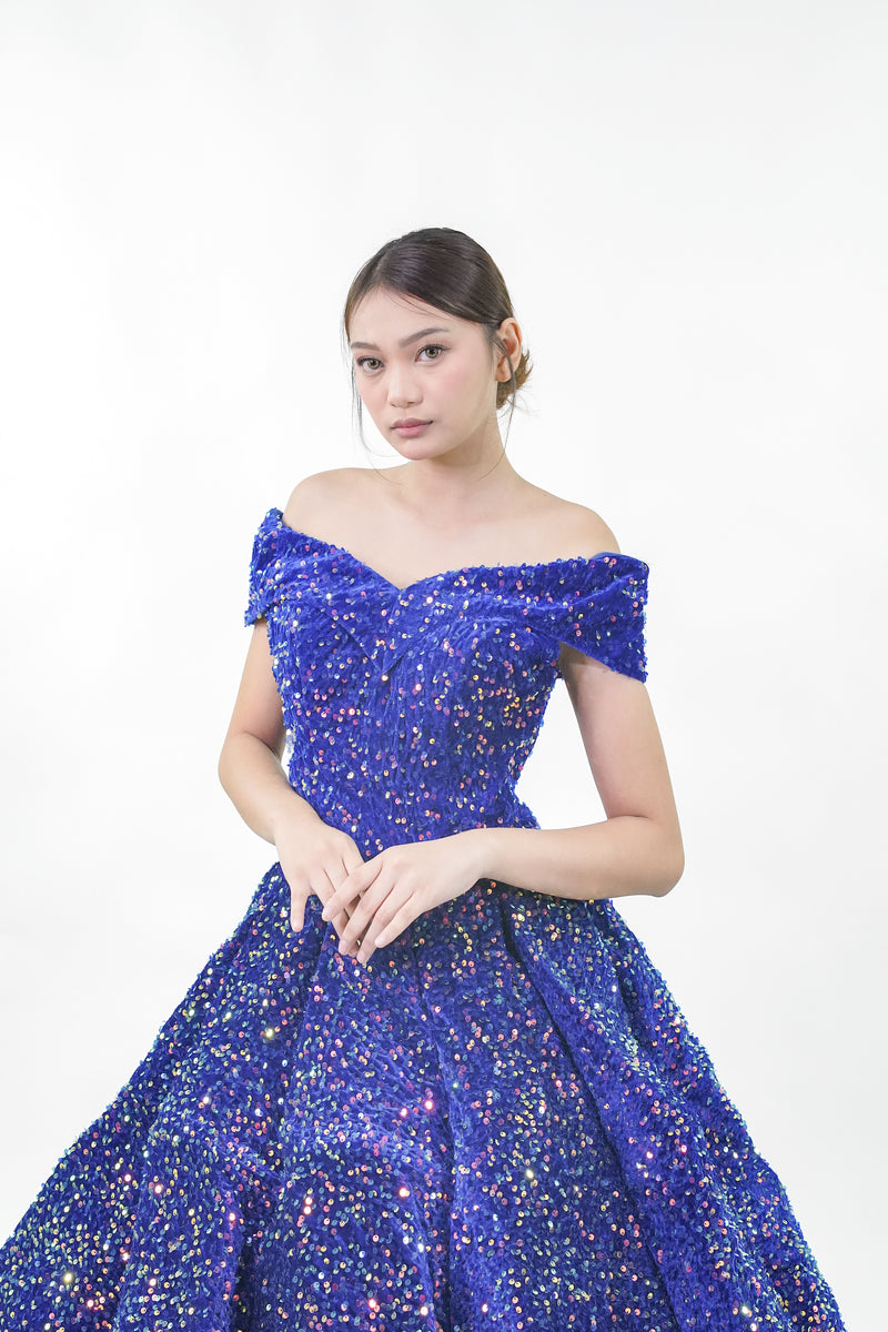 Midnight Blue Sequined Off-Shoulder Ball Gown - Noelle West Bridals