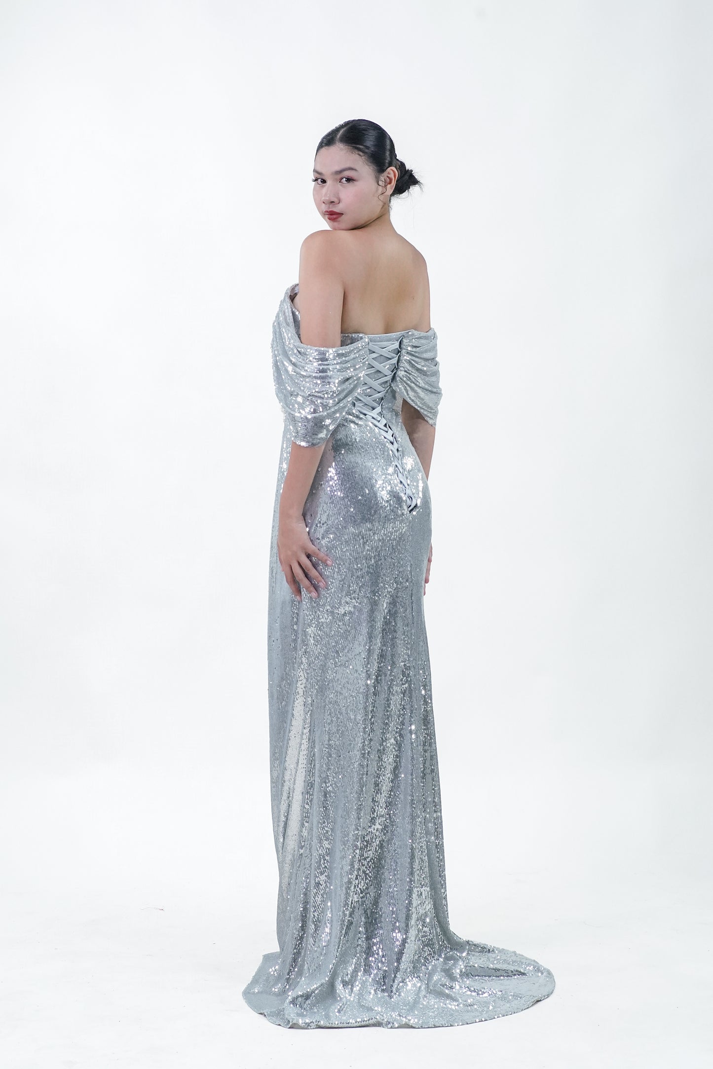 Metallic Silver Off-Shoulder Evening Gown - Noelle West Bridals