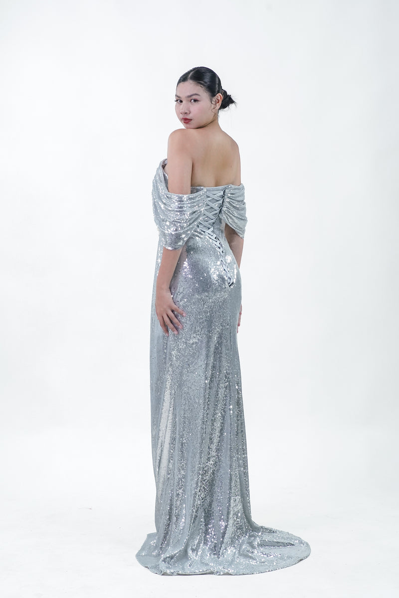 Metallic Silver Off-Shoulder Evening Gown - Noelle West Bridals