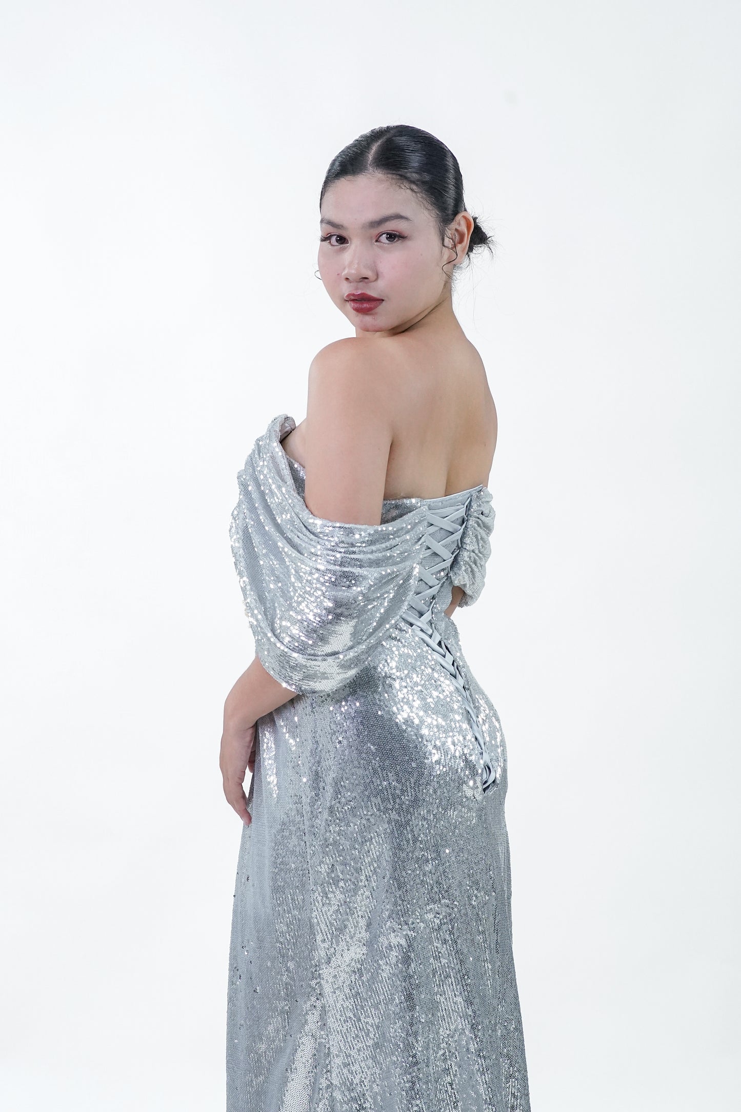 Metallic Silver Off-Shoulder Evening Gown - Noelle West Bridals