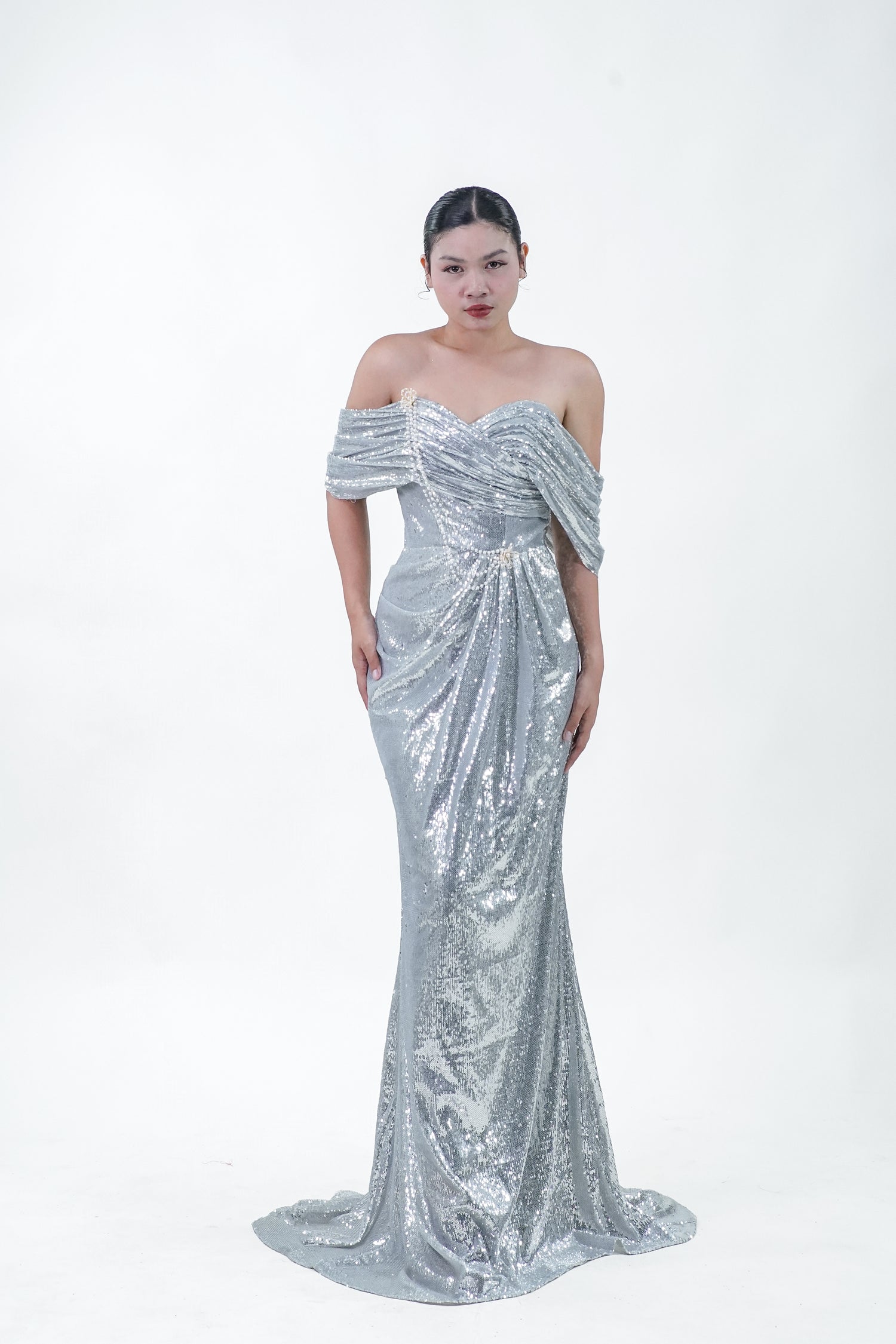 Metallic Silver Off-Shoulder Evening Gown - Noelle West Bridals